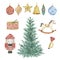 Watercolor Nutcracker Christmas tree and Christmas toys