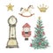 Watercolor Nutcracker Christmas tree, horse, clock and toys