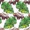 Watercolor oak green leaf acorn seed seamless pattern background texture