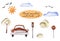 Watercolor objects elements street urban vehicle traffic transport. Sun cloud birds tree bush retro car street light sign cartoon