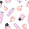 Watercolor oink and orange perfume bottles seamless pattern on white background