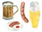 Watercolor Oktoberfest set. Wooden beer mug, glass of lager, grill sausages on plate. Hand drawn illustration for festival