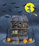 Watercolor old abandoned haunted house with boarded and glowing windows, bare trees, pumpkins, full moon, witch, bats on