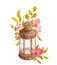 Watercolor old rusty lamp with autumn leaves and dry roses. Hand drawn vintage arrangement with kerosene lantern and