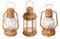 Watercolor old rusty lamp set. Hand drawn vintage kerosene lanterns isolated on white background. llustration with pitted texture