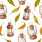 Watercolor old rusty lamps and autumn leaves seamless pattern. Hand drawn kerosene lanterns and dry yellow leaves