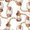 Watercolor old rusty lamps and chain seamless pattern. Hand drawn vintage kerosene lanterns with chain links isolated on white