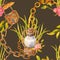 Watercolor old rusty lamps, chains, leaves and roses seamless pattern. Hand drawn kerosene lanterns, dry flowers on dark