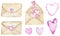 Watercolor old vintage envelopes with pink hearts. Valentine's day decoration. Love clipart.