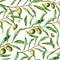 Watercolor olive pattern. Hand painted seamless floral ornament with olive berry and tree branches with leaves. Fo