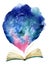 Watercolor open book with magic cloud.