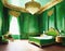 Watercolor of Opulent bedroom in rich malachite color with luxurious modern