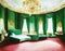 Watercolor of Opulent bedroom in rich malachite color with luxurious modern