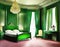Watercolor of Opulent bedroom in rich malachite color with luxurious modern