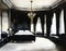 Watercolor of Opulent black bedroom featuring a spacious regal bed in atmospheric castle