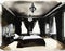 Watercolor of Opulent black bedroom featuring a spacious regal bed in atmospheric castle