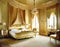 Watercolor of Opulent dual sleeping quarters with opulent gold furnishings in grandiose