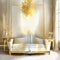 Watercolor of Opulent gold white living room with plush