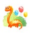 Watercolor orange kind cartoon  dinosaur with long neck congratulates, invites, smiles on the background of three gel balls