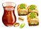 watercolor oriental sweets with glass cup of tea, illustration of traditional turkish sweets, baklava with honey and