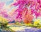 Watercolor original landscape painting pink color of Wild himalayan cherry