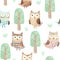 Watercolor owls in the woods seamless pattern