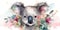 Watercolor paint illustration of koala portrait in flowers