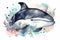 Watercolor paint illustration of orca swimming in flowers