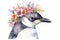 Watercolor paint illustration of penguin portrait in flowers