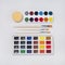 Watercolor paint set, brushes on white background
