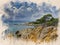 Watercolor painted beach, blue sky, rocks and trees