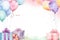 Watercolor painted birthday banner consisting of gifts Celebratory decorations and balloons, soft pastel shades against