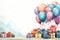 Watercolor painted birthday banner consisting of gifts Celebratory decorations and balloons, soft pastel shades against