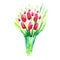 Watercolor painted bunch of pink tulips. Bright design decoration element. Use as a sticker, illustration, decorative idea.