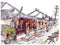 Watercolor painted chinese old town, cafe and red lanterns