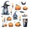 Watercolor painting abtract colorpastel tone set with pumpkin candle, witch hat, spooky ghost, dead man, zombie hand,on graveyard