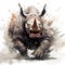Watercolor painting of angry rhinoceros running on white background. Wildlife Animals. Illustration, Generative AI