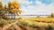 Watercolor Painting Of Autumn Landscape In Coastal Style