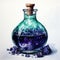 Watercolor painting of beautiful bottles with magical potion. Generative AI