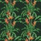 watercolor painting bird of paradise blooming flowers,colorful seamless pattern dark background.