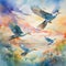 Watercolor painting of birds in flight