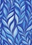 Watercolor painting blue twigs with leaves with silver contours on blue striped textured