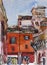 Watercolor painting of Bologna piazza di Porta Ravegnana near two towers urban medieval cityscape