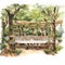 Watercolor painting of a breathtaking outdoor reception buffet setup
