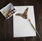 Watercolor painting of a butterfly with a paint palette and brushes