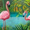 Watercolor painting on canvas. Flamingos in the . Generated by Ai