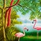 Watercolor painting on canvas. Flamingos in the . Generated by Ai