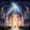 Watercolor painting of a celestial wedding in a grand sacred space