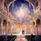 Watercolor painting of a celestial wedding in a grand sacred space