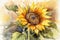 Watercolor painting of a charming sunflower with vibrant yellow petals and a dark brown center on a light background